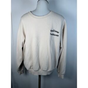 Hollister California Crewneck Sweatshirt Cream Beige Embroidered Logo Medium